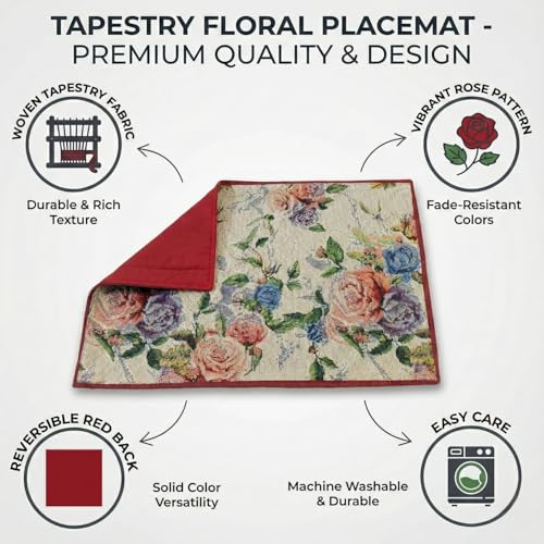 DaDa Bedding Vintage Romantic Roses Floral Dining Table Placemats - Set of 4-Pieces Tapestry Lovely Valentine Blossoms Spring Summer Garden - Decorative Linen Woven Kitchen Mats - 13” x 19” (879) - color: Romantic Roses