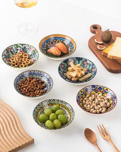 10 OZ Small Snack Bowls/Dishes Set of 6 - Ceramic Colorful Bowls for Side Dishes, Ice Cream, Dessert, Appetizers, Dips and Sauces, Dishwasher & Microwave Safe - Bohemian Style - size: 10oz / 5.75''