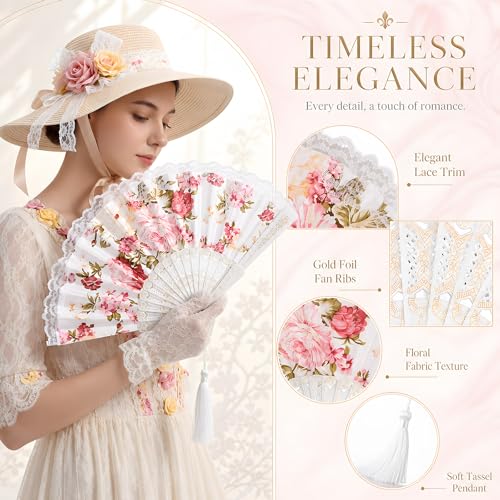 Ecally 12 Pack Lace Folding Hand Fans, Victorian Spanish Style in White Blue Pink Black, Bulk Foldable Fans for Tea Party Favors, Wedding, Bridal Shower, Quinceañera, Baby Shower, Birthday Decor - color: 4 Colors, size: Victorian