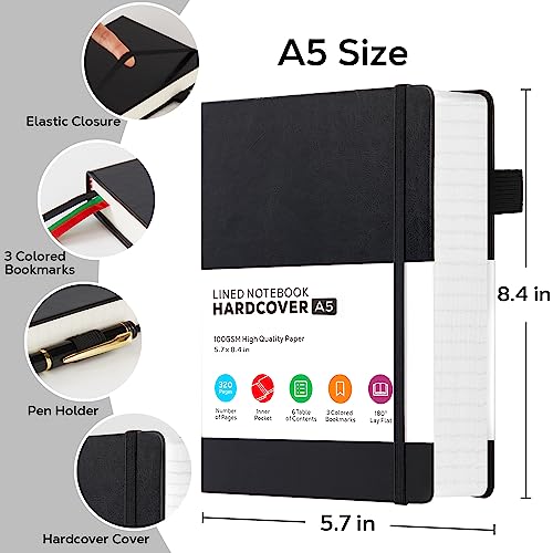 Hardcover Lined Notebook Journal for Writing, 320 Pages Leather Thick College Ruled Notebook Journal with 100GSM Paper, A5 (5.7'' X 8.4'') Daily Journal for Women Men Work Organization, Black - color: 2.Black, size: A5