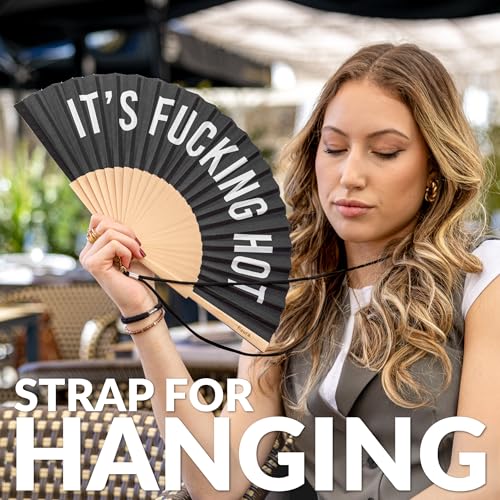 Fisura – Original folding fan with message “F*cking hot”. Black wooden handheld fan for women. Lightweight accessory for raves, weddings, birthdays, festivals, parties and fun gift ideas. - color: Hot, Black