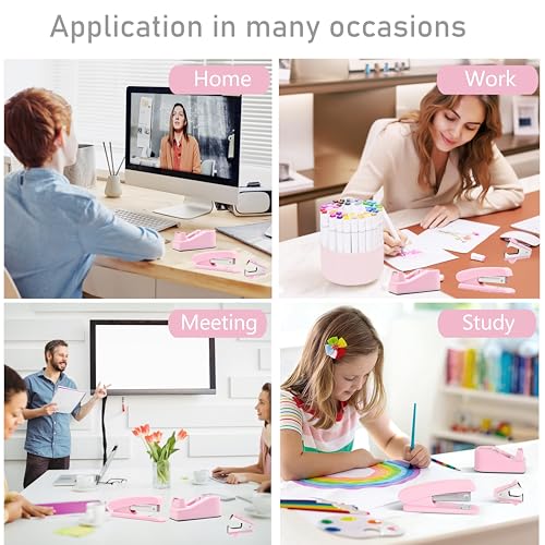 Pink Desk Accessories, Pink Office Supplies Accessories with Tape Dispenser, Stapler, Staple Remover, 1000 Staples, Tape, Clips Set, Ruler, Scissor, Pen - color: Pink