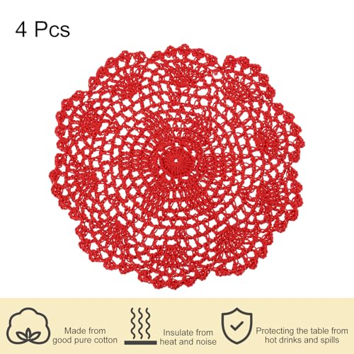 uxcell Lace Doilies, 4pcs 8" - Cotton Woven Round Crochet Coaster, Floral Design Fabric Handmade Placemat for Drink Wedding Party Decoration (Red) - color: Red