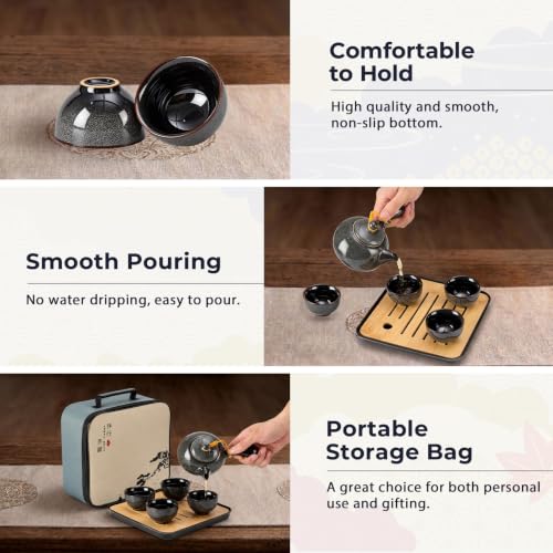 DUJUST Chinese Gongfu Tea Set, Kiln Altered Glaze Porcelain Tea Set with 1 Teapot, 4 Tea Cups & 1 Tea Tray, Portable Japanese Tea Sets with Storage Bag for Travel, Gifting, Outdoor, Grey - color: Gray
