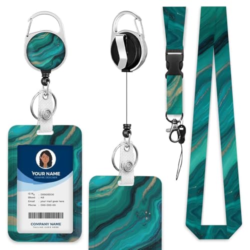 Marbling Texture ID Badge Holder Green and Golden Marble Pattern Badge Holder with Retractable Clip Durable and Easy to Use for Student Nurse Worker - color: Marbling Texture