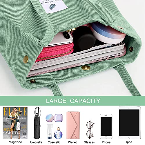 Ayieyill Corduroy Tote Bag for Women Canvas Shoulder Cord Purse with Inner Pocket - color: Pea Green