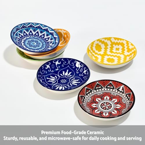 Ceramic Dipping Bowls, 3 oz Soy Sauce Dish Pinch Bowls Set of 6 - color: Vibrant Mandala