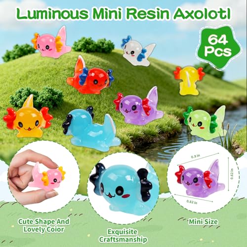 64PCS Luminous Mini Resin Axolotl 8 Colors Glow in The Dark Small Little Resin Axolot to Hide Bulk Miniature Plastic Animal Figures for Micro Landscape Dollhouse Fairy Garden Aquarium Potted DIY Decor - color: 64pcs-axolotl
