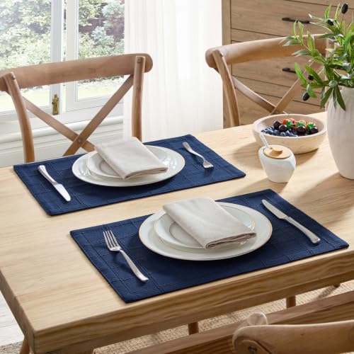 ZeeMart Linen Checked Farmhouse Placemats Set of 6, Navy Blue 13x19in - color: Navy Blue, size: Set of 6