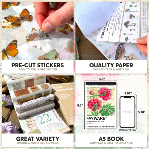 FAYWARE Vintage Washi Stickers for Journaling - Ephemera Book for Journaling with 414 Stickers & 20 Scrapbook Papers. Junk Journal Supplies, Scrapbooking Supplies - color: Lost Meadows