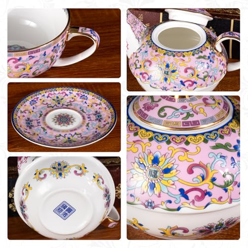 KAMMAK Tea for One Set, Ceramic Teapot, Bone China Tea Set, Cup and Saucer - color: Pink