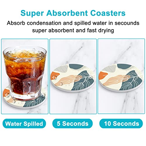 Coasters for Drinks, Set of 6 Cute Absorbent Ceramic Drink Coasters - color: Abstract Boho Leaf