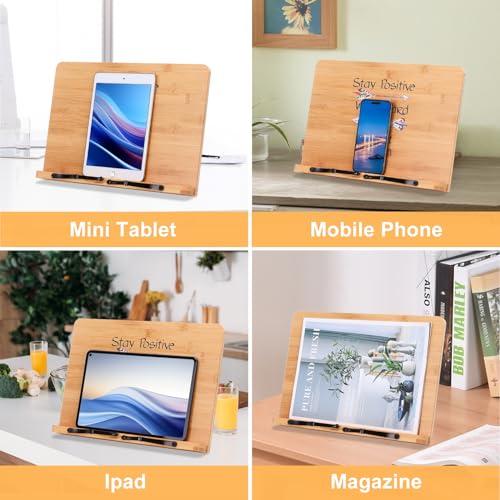 MEGREZ Foldable Bamboo Book Stand Adjustable Cookbook Reading Tablet Holder - color: Stay Positive, size: 13.2 x 9.4 inches