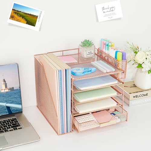 5-Tier Desk File Organizer with Drawer & Pen Holder (Rose Gold) - color: Rose Gold