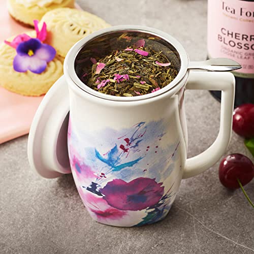 Tea Forte Ceramic Fiore Tea Cup with Infuser, Verbena Blossom, 14 oz - color: Verbena Blossom