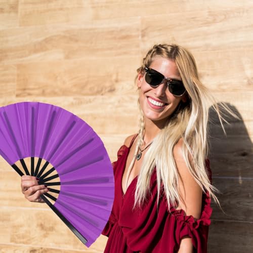 2 Pack Large Folding Hand Fan for Line Dance, Vintage Retro Fabric Popping Fans, Chinese Kung Fu Tai Chi Hand Fan for Festival, Dance, Gift, Performance, Decorations (Red&Purple) - color: Red&Purple