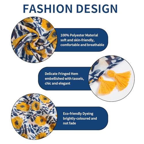 QIUTIMIY Scarf for Women Lightweight Soft Floral Leopard Printed Scarves Fall Winter Fashion Shawl Wrap with Fringe - color: Flower-yellow Blue
