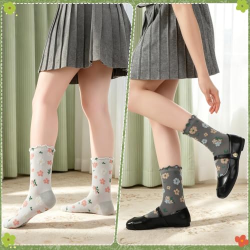 5/6 Pair Crew Socks for Women Floral Socks - color: Black, Blue, Light Red, Gray, Green