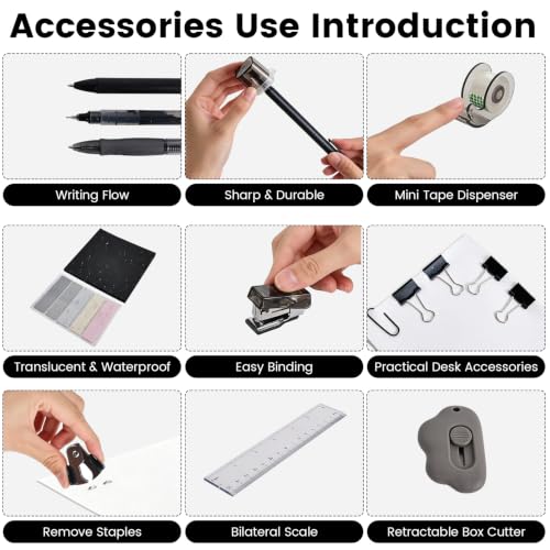 Mini Office Supply Kit, Mini Stapler with Staples and Tape Dispenser Set, Mini School Supplies Kit Includes Sticky Notes Index Tabs Gel Pens for Office & School (Black) - color: Black
