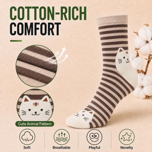 KONY Women's Animal Socks, Cotton Crew Fun Novelty Gifts, 5 Pairs - color: Cats Pattern - 5 Pairs