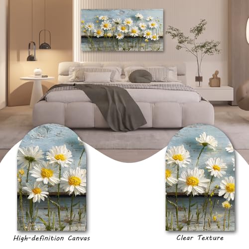 KZKU Rustic Floral Canvas Prints Wall Art Large Daisy Print on Weathered Blue Wood Background- Modern Farmhouse Decor for Living Room Bedroom 24X48in - color: blue-1, size: 48"L x 24"W