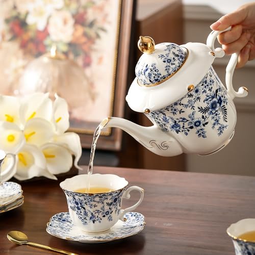 TATSUMI Country Roses Porcelain Tea Set, European Ceramic tea set for adults,Vintage Style, For Women and Tea Parties (BLUE, 13 Pieces Set) - color: Blue, size: 13 Pieces Set