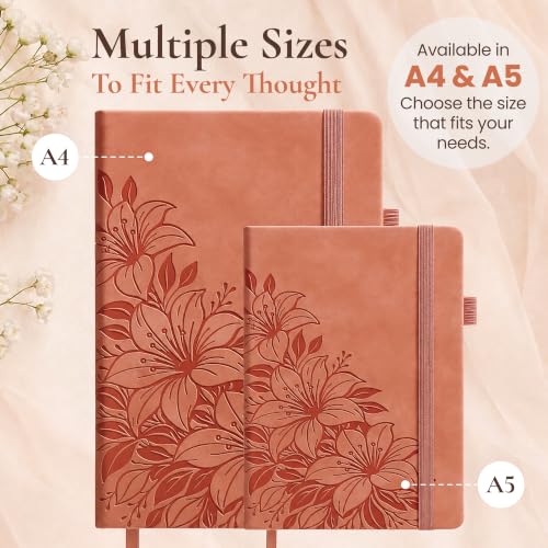 Lined Journal Notebook Hardcover Leather Bound 200 Pages A5 Floral Diary - color: Peach, size: A5 200 Pages