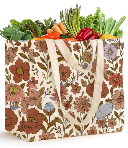 Miss Adola Cute Extra Large Canvas Grocery Tote Bag - color: Orange Floral