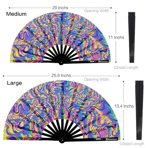 UV Glow Rave Fan, Bamboo Folding Clack Hand Fans Foldable for Men Women, Poping Fan for EDM Festival Line Dance Decoration, (Waves-2, Medium 11") - color: Waves-2, size: Medium 11"