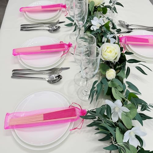 24pcs Imitated Silk Hand Fan Imitated Silk Fabric Bamboo Handheld Folded Fan Bridal Dancing Props Church Wedding Party Favors with Organza Bags (Hot Pink) - color: Hot Pink