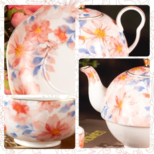 KAMMAK Tea for One Set, Ceramic Teapot, Bone China Tea Set, Cup and Saucer - color: Pink-XY1