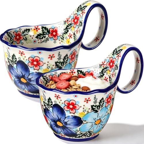 2 Pcs Microwavable Soup Bowl with Loop Handle 17oz Vintage, Roman Garden