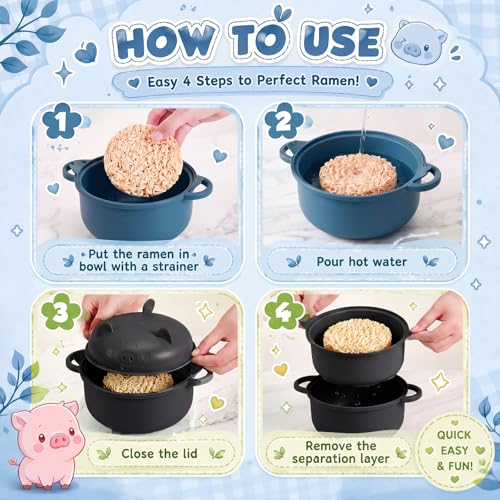 2 Sets 45oz Cute Pig Ramen Bowl Set Microwavable, Black, Dark Blue - color: Black,Dark Blue