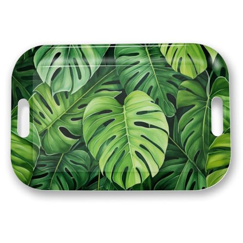 Serving Trays with Handles, 14.5 x 9.8 inch Rectangular Plastic Tray for Restaurant, Kitchen, Tropical Leaf Pattern Monstera in The Style - color: Tropical Leaf Pattern Monstera in the Style