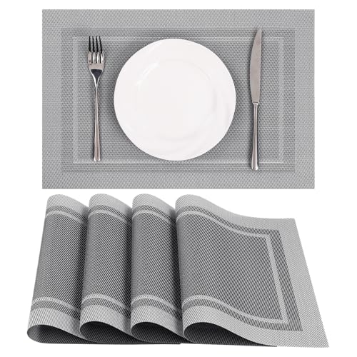 SHACOS Woven Vinyl Placemats Set of 4 Wipe Clean Place Mats for Dining Table Heat Resistant PVC Weave Table Mats Indoor Outdoor (4, Frame Grey) - color: Frame Grey, size: Set of 4
