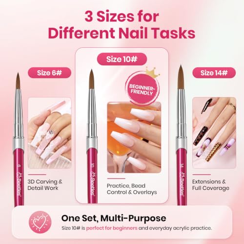 Beetles Acrylic Nail Brush Set, 3Pcs Size 6/10/14 for Acrylic Powder - color: B-Red-3