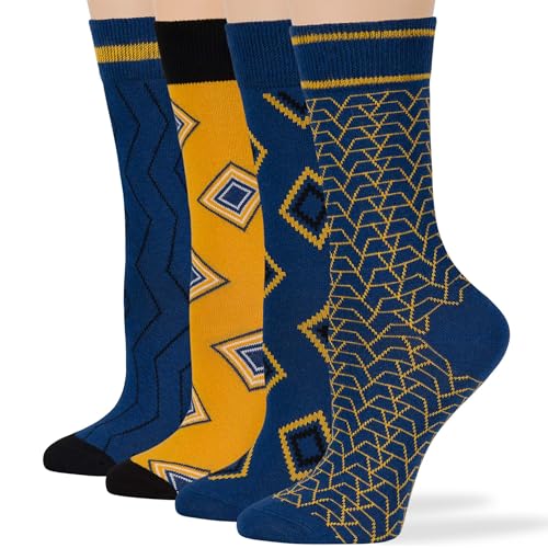 7BIGSTARS Women Cotton Crew Socks, Patterned 4 Pack, M 5-9 - L 8-12 - color: 05 - Estate Blue, Black, Yellow (A52), size: 8-12