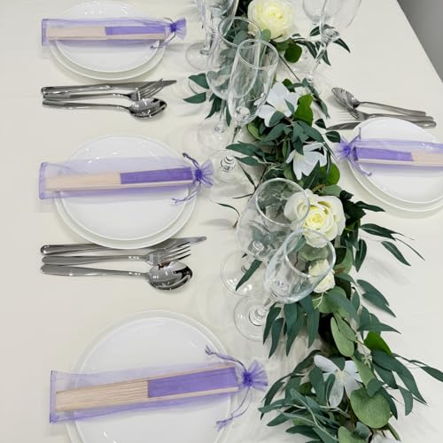 50pcs Paper Hand Fan with Organza Bags Bamboo Handheld Folding Fan DIY Decorative Wedding Party Favors (Light Purple) - color: Light Purple