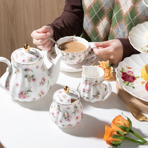 Porcelain Tea Sets British Royal Series, 8 OZ Cups & Saucer Service for 6, with Teapot Sugar Bowl Cream Pitcher Teaspoons and Tea Strainer, Suitable for High Tea, Wedding, Party（Spring Flowers） - color: Spring Flowers