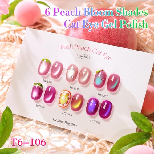 Double Rhythm Cat Eye Gel Nail Polish Set of 6 Same Color Same Bottle 0.5 Oz Shimmer Glitter with Magnet Holographic Magnetic UV Nail Polish Kit at Home (Peach Nude Pink Purple Rose-T6-106) - color: Peach Bloom