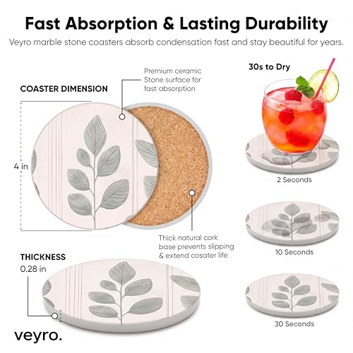 VEYRO Ceramic Coasters Set of 6 or 4 – Absorbent Stone Drink Coasters with Holder, Non-Slip Cork Backing, Modern Marble Look Coasters for Coffee Table, Desk & Home Decor (Leaves 4, Set of 6) - color: Leaves 4, size: Set of 6