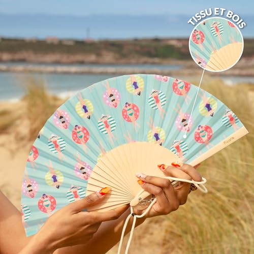 Fisura – Original “Swimmers” Folding Fan. Blue Wooden Handheld Fan for Women with Hanger. Lightweight Accessory for Weddings, Birthdays, Parties, Festivals and Unique Summer Gift Ideas. - color: Swimmers