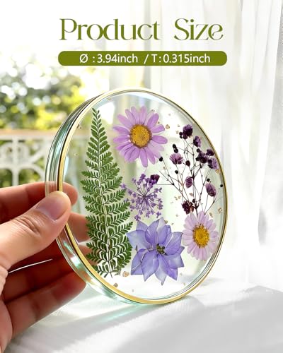 Oqplog Resin Drink Coasters for Desk Coffee Table-Pink&Purple Dried Flowers Round Shape Cup Coasters Set of 2 for Work Office Home Outdoor Decor Gifts for Girls Women - color: Pink&purple 2pcs