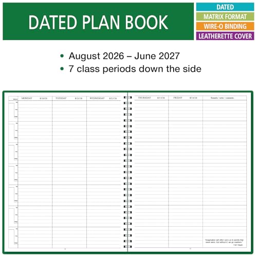 Elan Publishing Company Dated Teacher Lesson Plan 7 Period: Days Horizontally Across The Top Dated for 2026-2027 Academic Year (Green) - style: 2026 - 2027