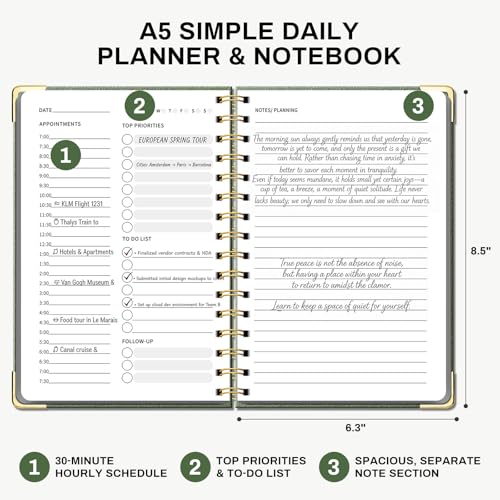 Ovesmusl Undated Daily Planner - 126 Days Hourly Schedule & To Do List - A5 PU Leather Hardcover Spiral Notebook planner with stickers, Metal Corner Protectors & Back Pocket for Work & School, Green - style: Green