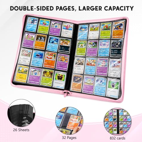 HHZ 16-Pocket Trading Card Binder, 832 Slots, Side Loading, Ringless -Pink - color: Pink