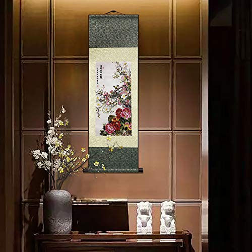AtfArt Silk Scroll Painting, Asian Wall Art, Flowers, 36.2x12in - color: D01
