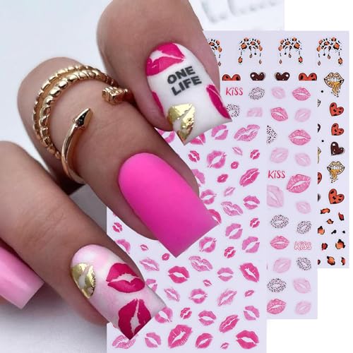 Valentine's Day Nail Art Stickers 12 Sheets 3D Self-Adhesive Heart Nail Decals with Tweezers Romantic Love Hearts Flower Lips Balloon Leopard Designs Brown Pink Slider for Women Nails Art Decoration - style: Valentine