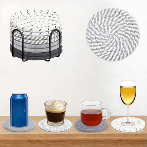 Coasters Set of 8 for Drinks with Holder,4 Colors Absorbent Coasters,Boho Cotton Woven Coaster Set for Living Room Decor,Tabletop Protection Suitable for Drinks,Beer, Coffee - color: Gray