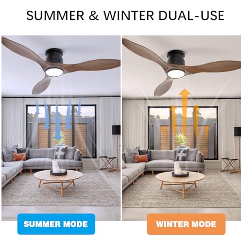 52'' Amber Ceiling Fan with Lights, Low Profile Flush Mount - color: Flush Mount - Amber wood - pointed